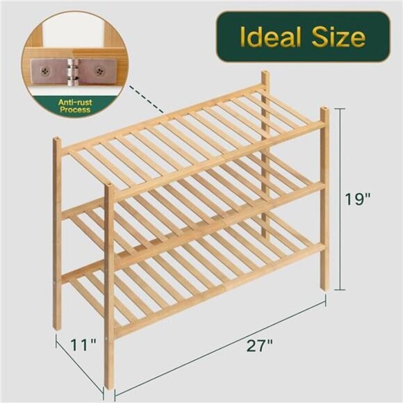 3 Tier Bamboo Shoe Rack Stackable Entryway Closet Organizer Shelf Small - Picture 6 of 7